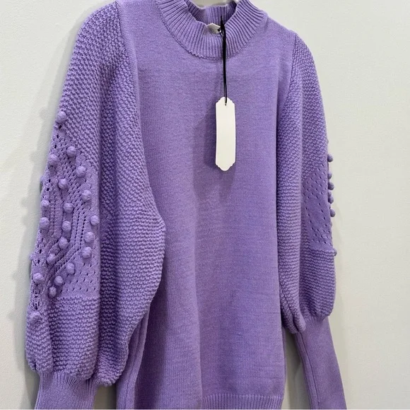 Vine & Love Purple Pom Pom Sleeve Sweater Large NWT Lavender Balloon Sleeve Knit - Picture 5 of 9